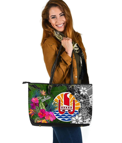 Tahiti Leather Tote Bag Turtle Plumeria Banana Leaf