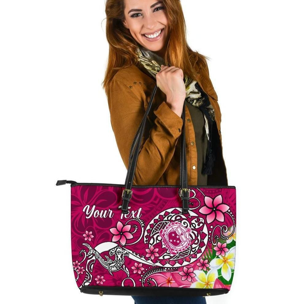 Samoa Custom Personalised Leather Tote Bag Turtle Plumeria Pink