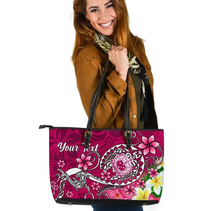 Samoa Custom Personalised Leather Tote Bag Turtle Plumeria Pink
