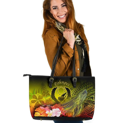 Pohnpei Leather Tote Bag Humpback Whale With Tropical Flowers Yellow