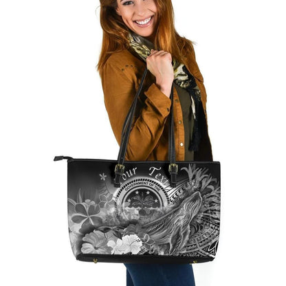 Federated States Of Micronesia Custom Personalised Leather Tote Bag Humpback Whale With Tropical Flowers White