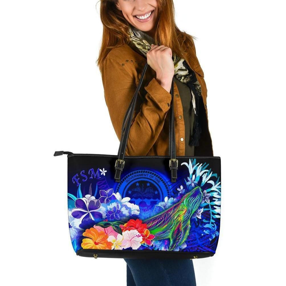 Federated States Of Micronesia Leather Tote Bag Humpback Whale With Tropical Flowers Blue