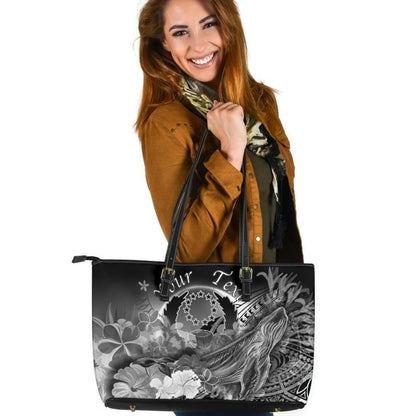 Pohnpei Custom Personalised Leather Tote Bag Humpback Whale With Tropical Flowers White