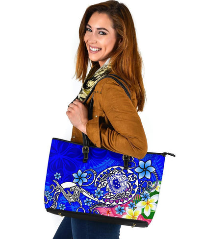 Samoa Leather Tote Bag Turtle Plumeria Blue