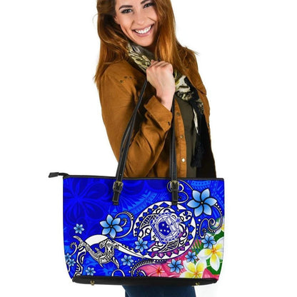Samoa Leather Tote Bag Turtle Plumeria Blue
