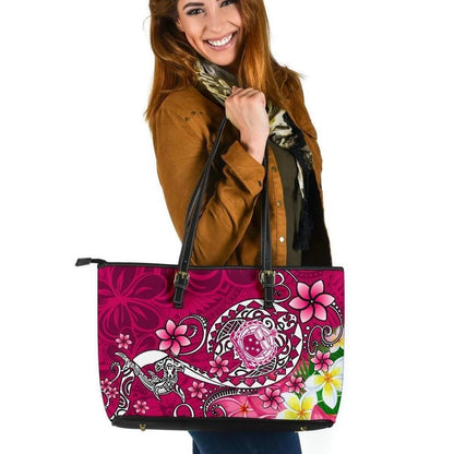 Samoa Leather Tote Bag Turtle Plumeria Pink