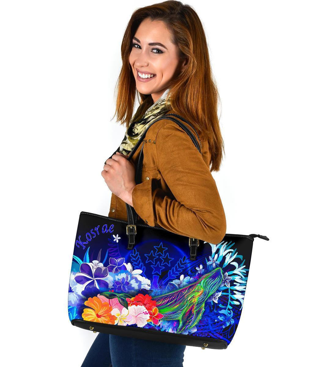Kosrae Leather Tote Bag Humpback Whale With Tropical Flowers Blue