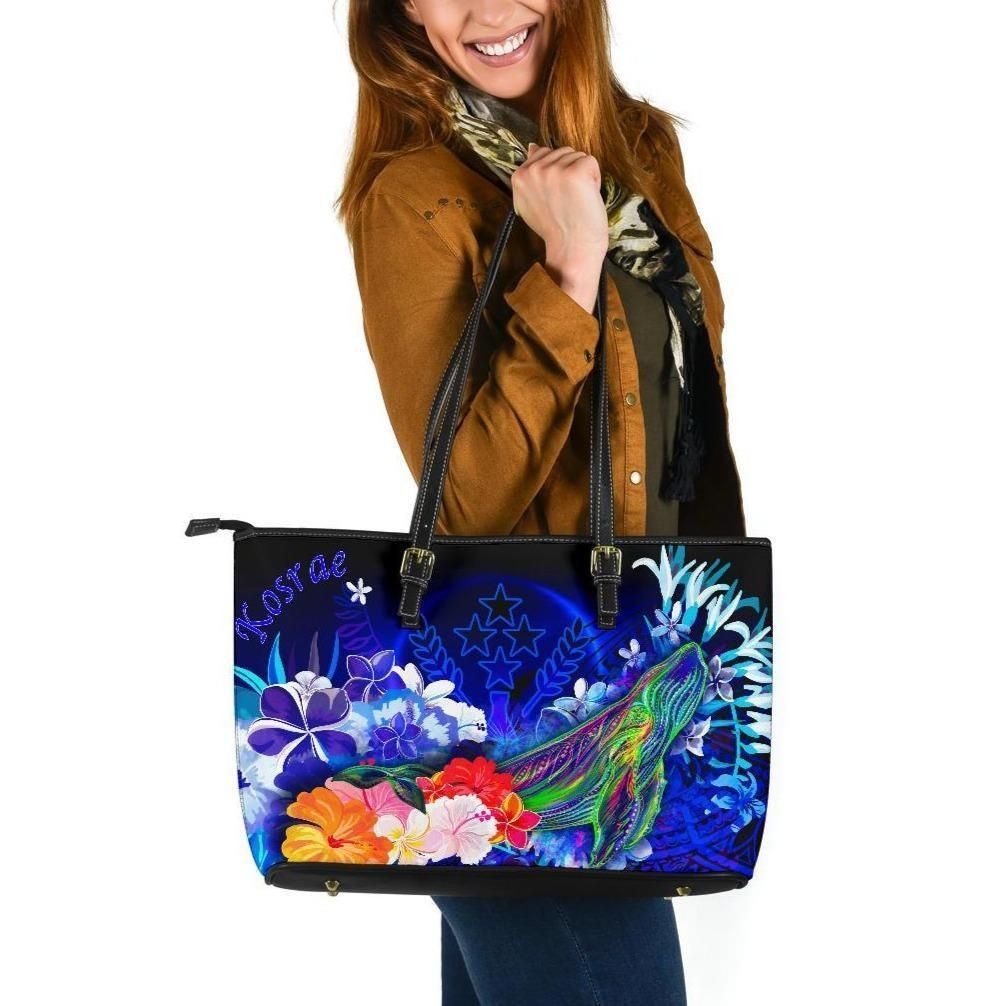 Kosrae Leather Tote Bag Humpback Whale With Tropical Flowers Blue