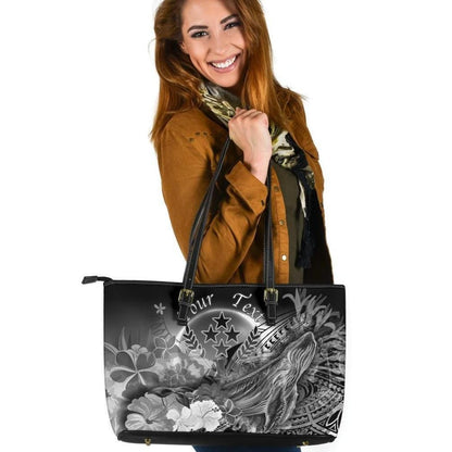 Kosrae Custom Personalised Leather Tote Bag Humpback Whale With Tropical Flowers White