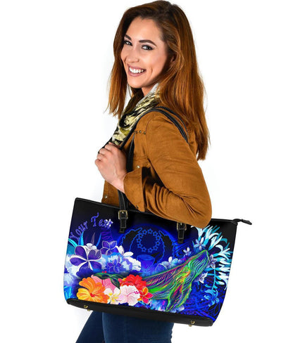 Pohnpei Custom Personalised Leather Tote Bag Humpback Whale With Tropical Flowers Blue