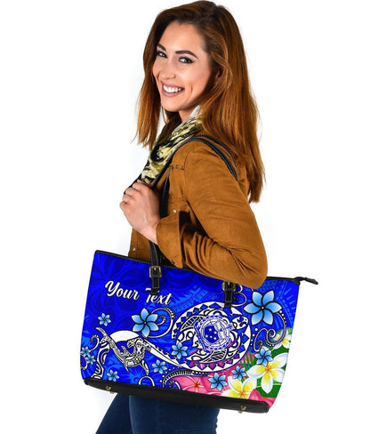 Samoa Custom Personalised Leather Tote Bag Turtle Plumeria Blue