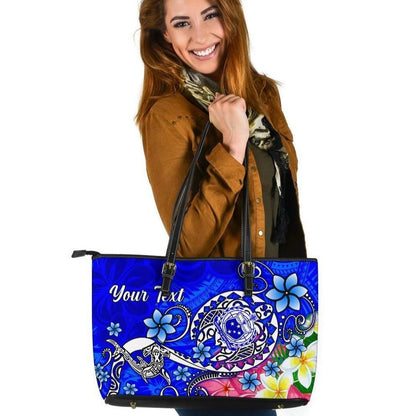 Samoa Custom Personalised Leather Tote Bag Turtle Plumeria Blue
