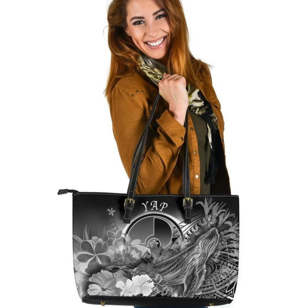 Yap Leather Tote Bag Humpback Whale With Tropical Flowers White