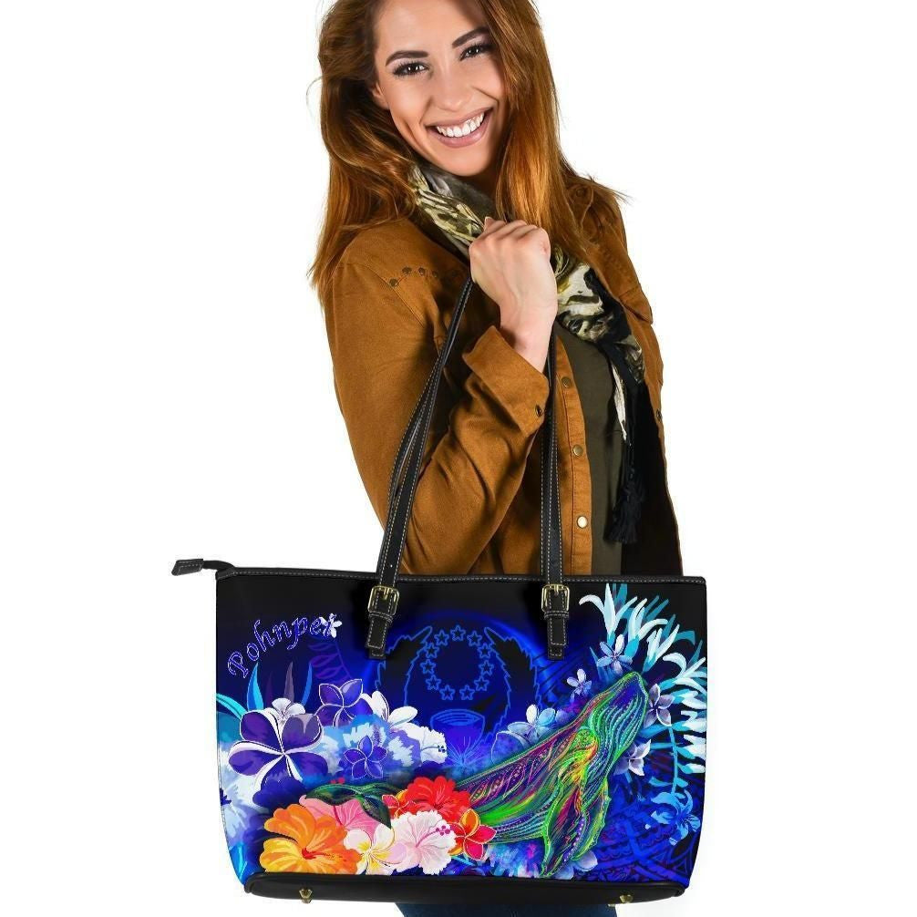 Pohnpei Leather Tote Bag Humpback Whale With Tropical Flowers Blue