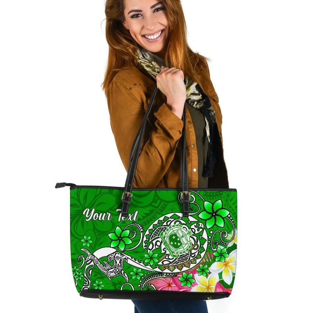 Samoa Custom Personalised Leather Tote Bag Turtle Plumeria Green