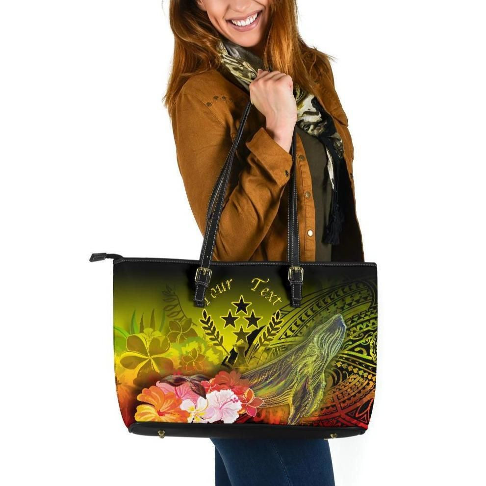 Kosrae Custom Personalised Leather Tote Bag Humpback Whale With Tropical Flowers Yellow