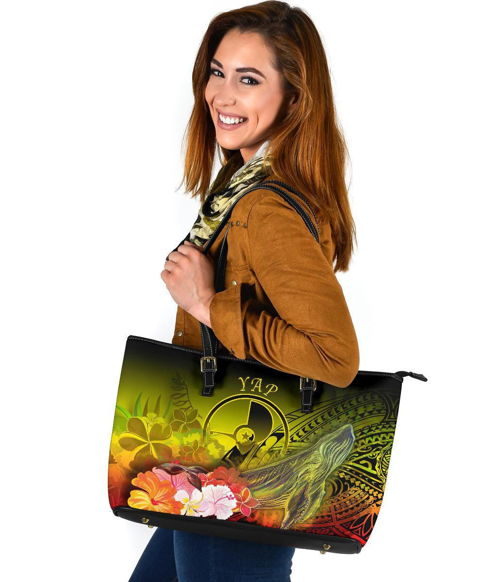 Yap Leather Tote Bag Humpback Whale With Tropical Flowers Yellow