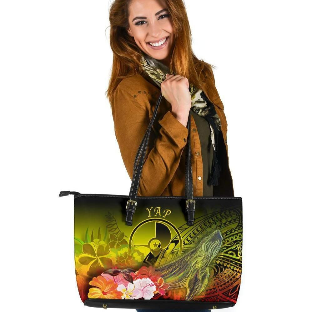 Yap Leather Tote Bag Humpback Whale With Tropical Flowers Yellow
