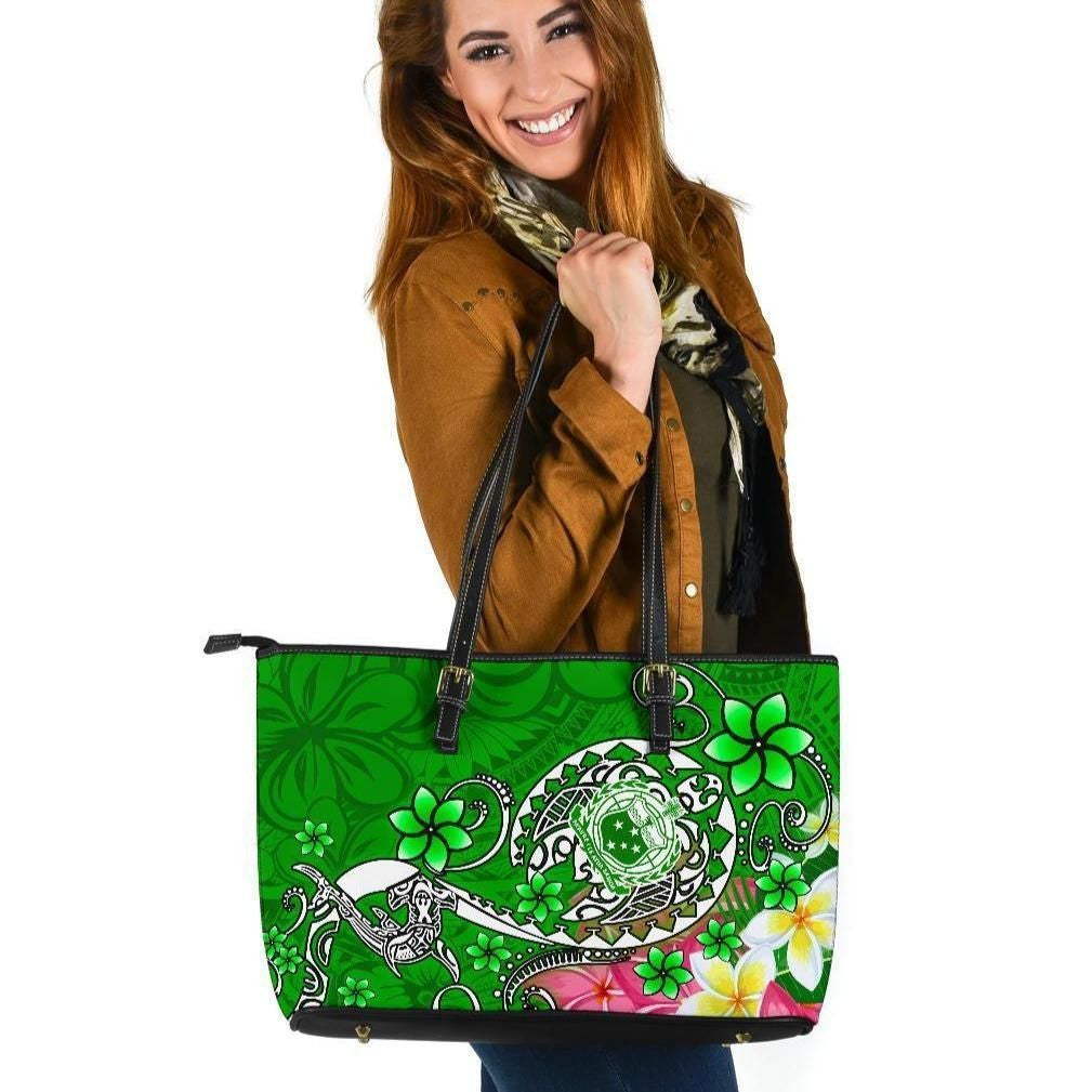 Samoa Leather Tote Bag Turtle Plumeria Green