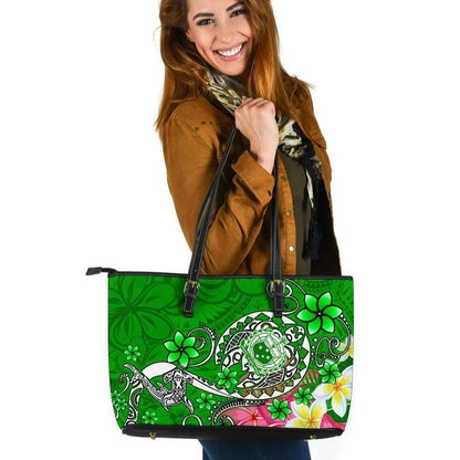 Samoa Leather Tote Bag Turtle Plumeria Green