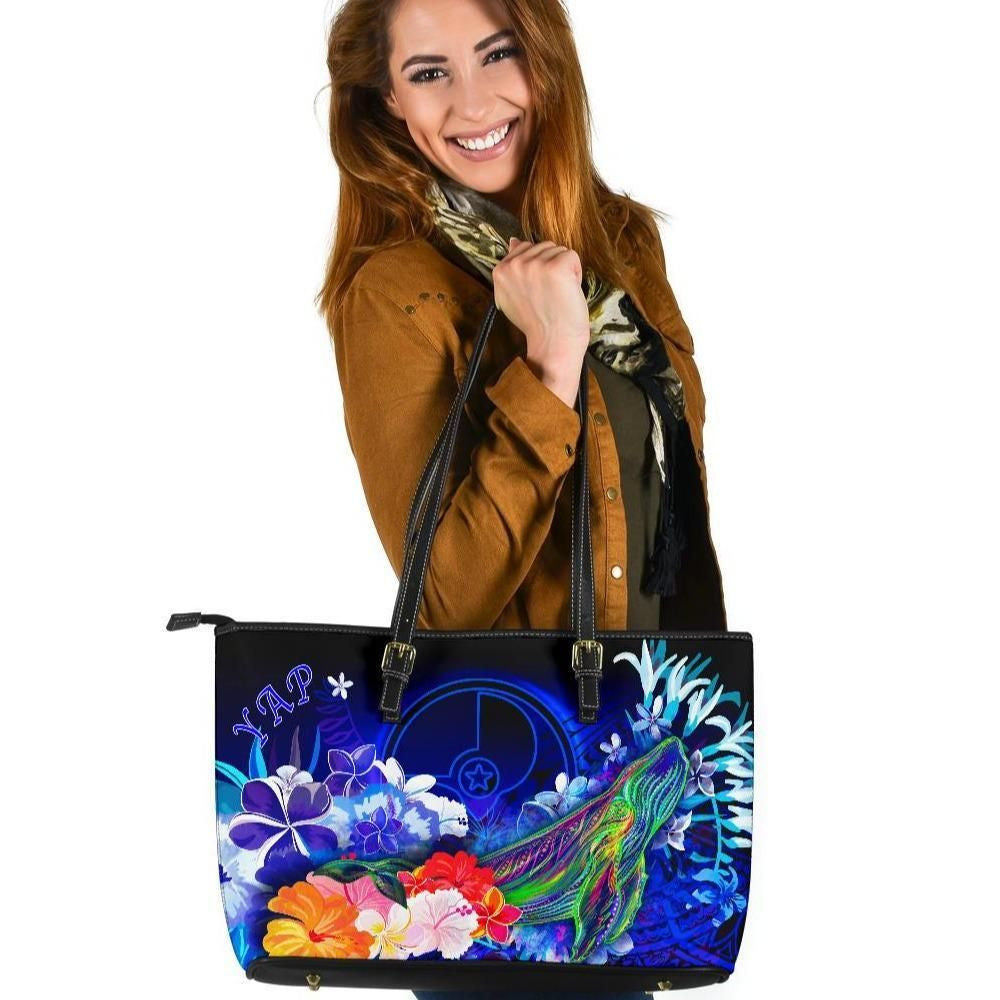 Yap Leather Tote Bag Humpback Whale With Tropical Flowers Blue