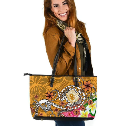 Samoa Leather Tote Bag Turtle Plumeria Gold