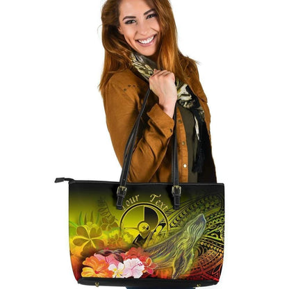 [Custom] Yap Leather Tote Bag Humpback Whale With Tropical Flowers Yellow