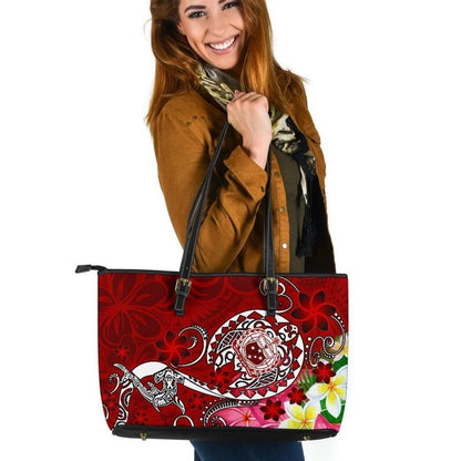 Samoa Leather Tote Bag Turtle Plumeria Red