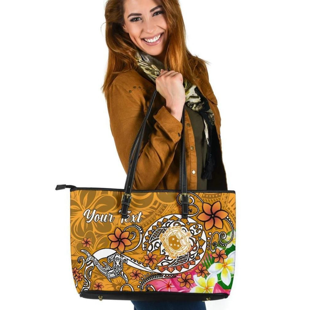 Samoa Custom Personalised Leather Tote Bag Turtle Plumeria Gold