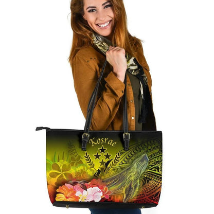 Kosrae Leather Tote Bag Humpback Whale With Tropical Flowers Yellow