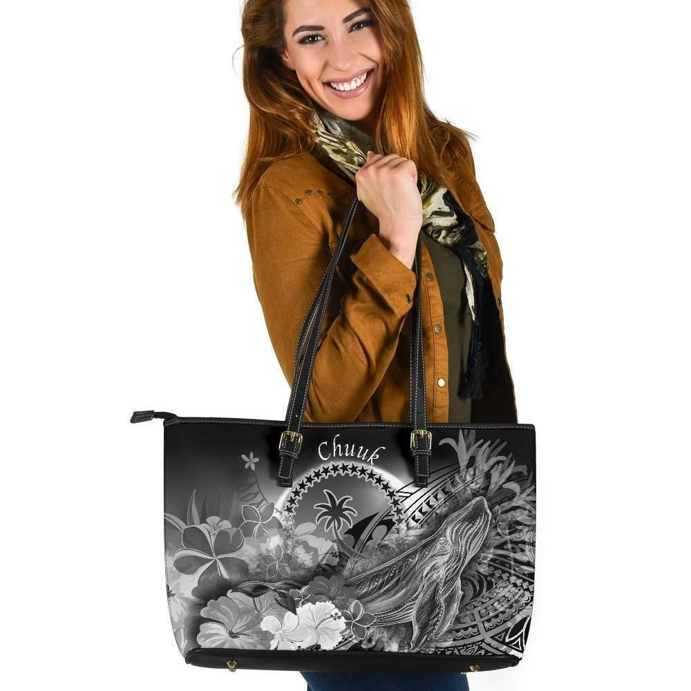 Chuuk Leather Tote Bag Humpback Whale With Tropical Flowers White