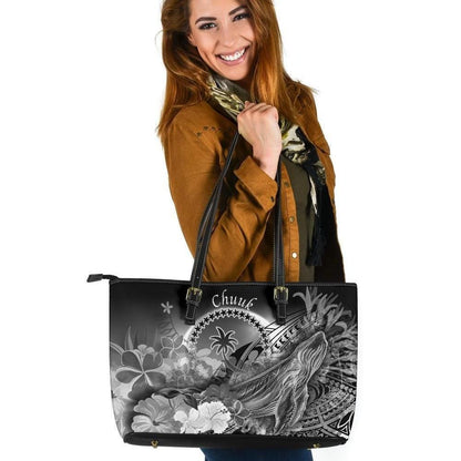 Chuuk Leather Tote Bag Humpback Whale With Tropical Flowers White