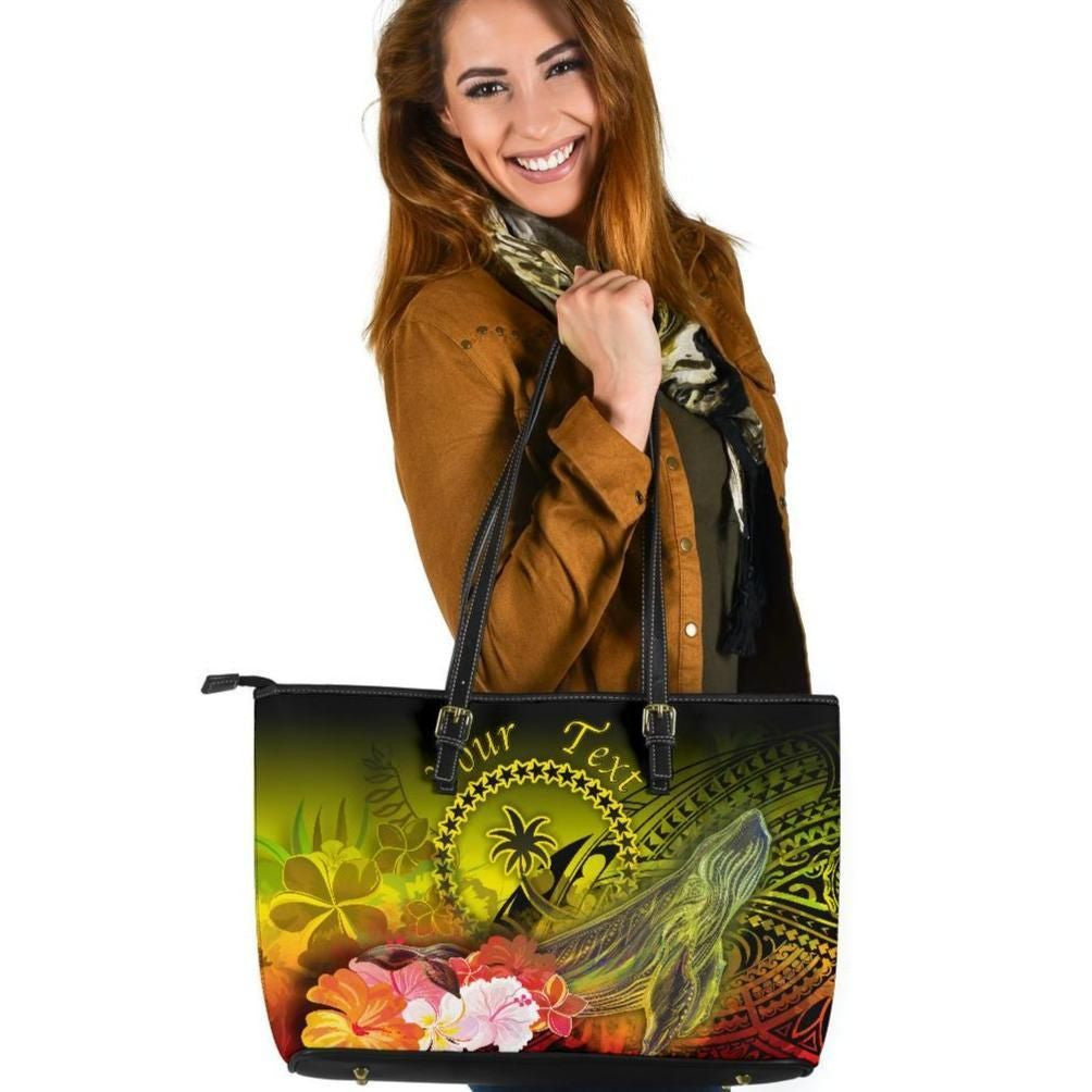 [Custom] Chuuk Leather Tote Bag Humpback Whale With Tropical Flowers Yellow