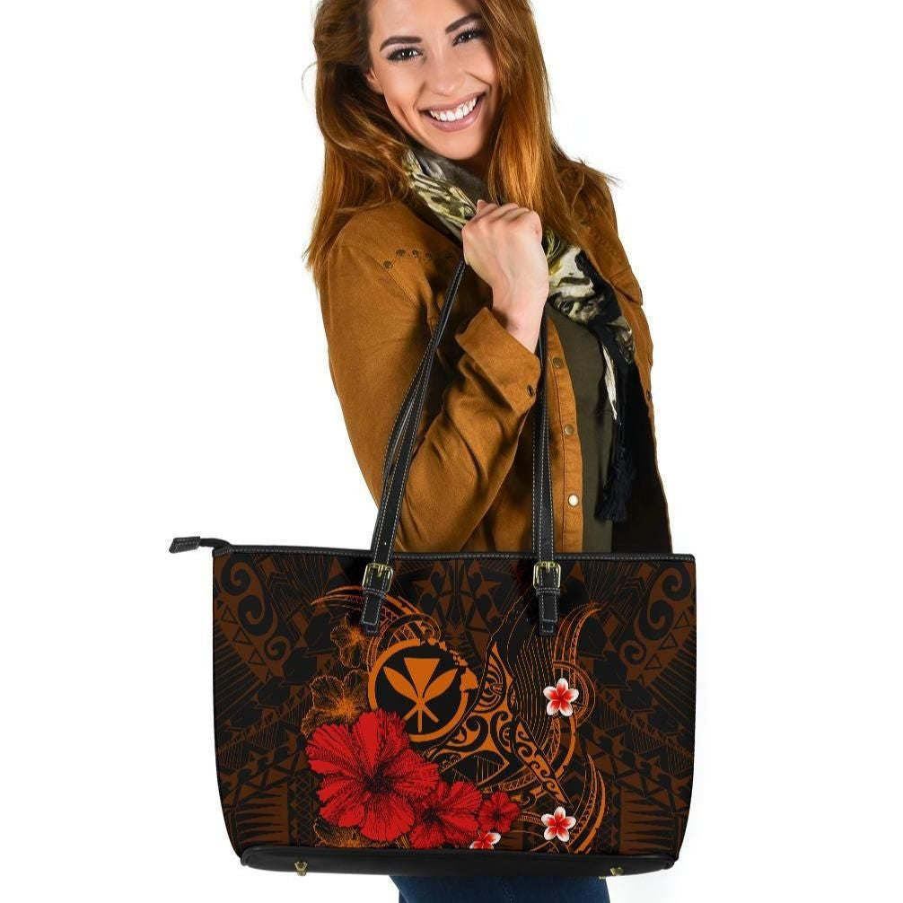 Polynesian Hawaii Kanaka Maoli Leather Tote Bag Humpback Whale With Hibiscus Golden