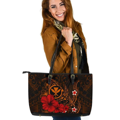 Polynesian Hawaii Kanaka Maoli Leather Tote Bag Humpback Whale With Hibiscus Golden
