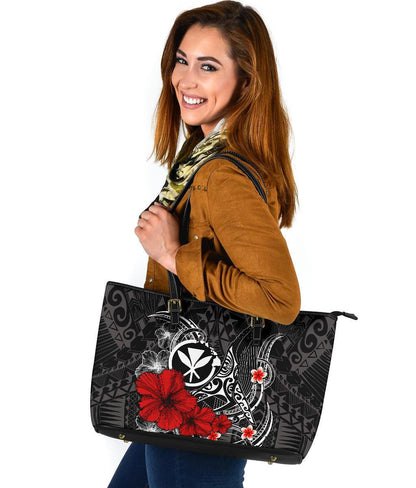 Polynesian Hawaii Kanaka Maoli Leather Tote Bag Humpback Whale With Hibiscus White