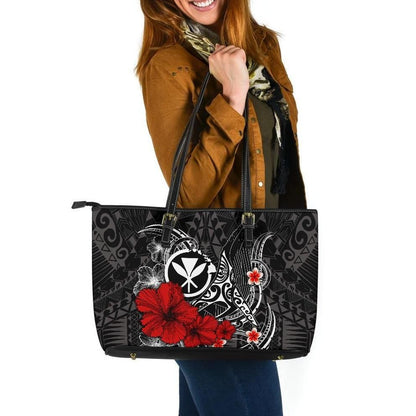 Polynesian Hawaii Kanaka Maoli Leather Tote Bag Humpback Whale With Hibiscus White