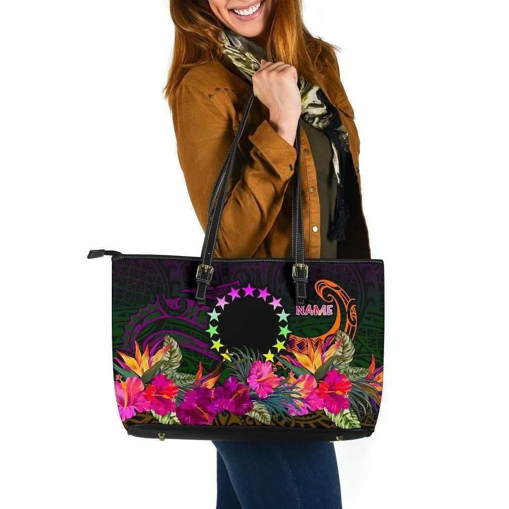 Cook Islands Personalised Polynesian Leather Tote Bag Summer Hibiscus