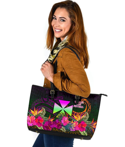 Wallis And Futuna Leather Tote Bag Summer Hibiscus