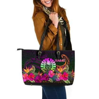 Tahiti Personalised Leather Tote Bag Summer Hibiscus Bn15