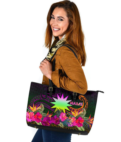 Nauru Personalised Leather Tote Bag Summer Hibiscus
