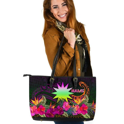 Nauru Personalised Leather Tote Bag Summer Hibiscus