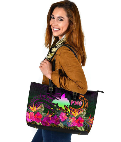 Papua New Guinea Leather Tote Bag Summer Hibiscus