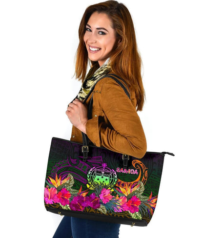 Samoa Leather Tote Bag Summer Hibiscus