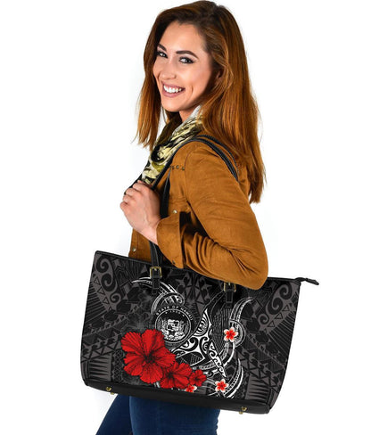 Polynesian Hawaii Leather Tote Bag Humpback Whale With Hibiscus White
