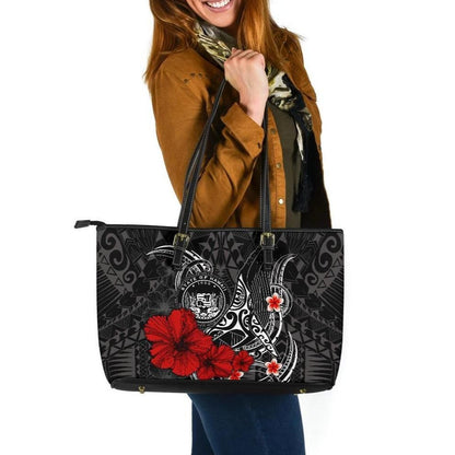 Polynesian Hawaii Leather Tote Bag Humpback Whale With Hibiscus White