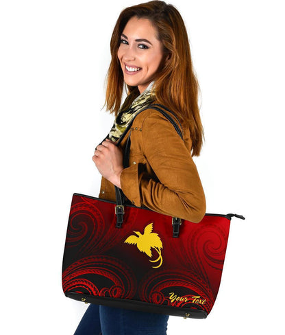 Papua New Guinea Custom Personalised Leather Tote Bag Raggiana Bird Of Paradise Polynesian Patterns