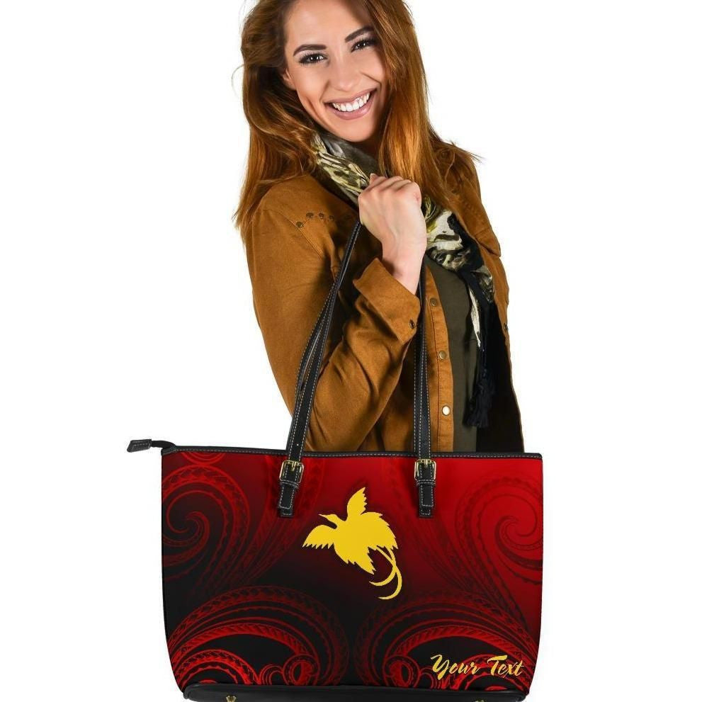 Papua New Guinea Custom Personalised Leather Tote Bag Raggiana Bird Of Paradise Polynesian Patterns