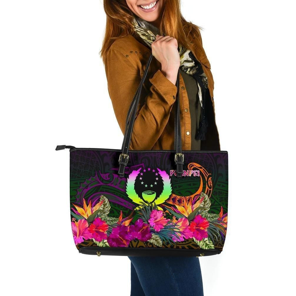 Pohnpei Leather Tote Bag Summer Hibiscus