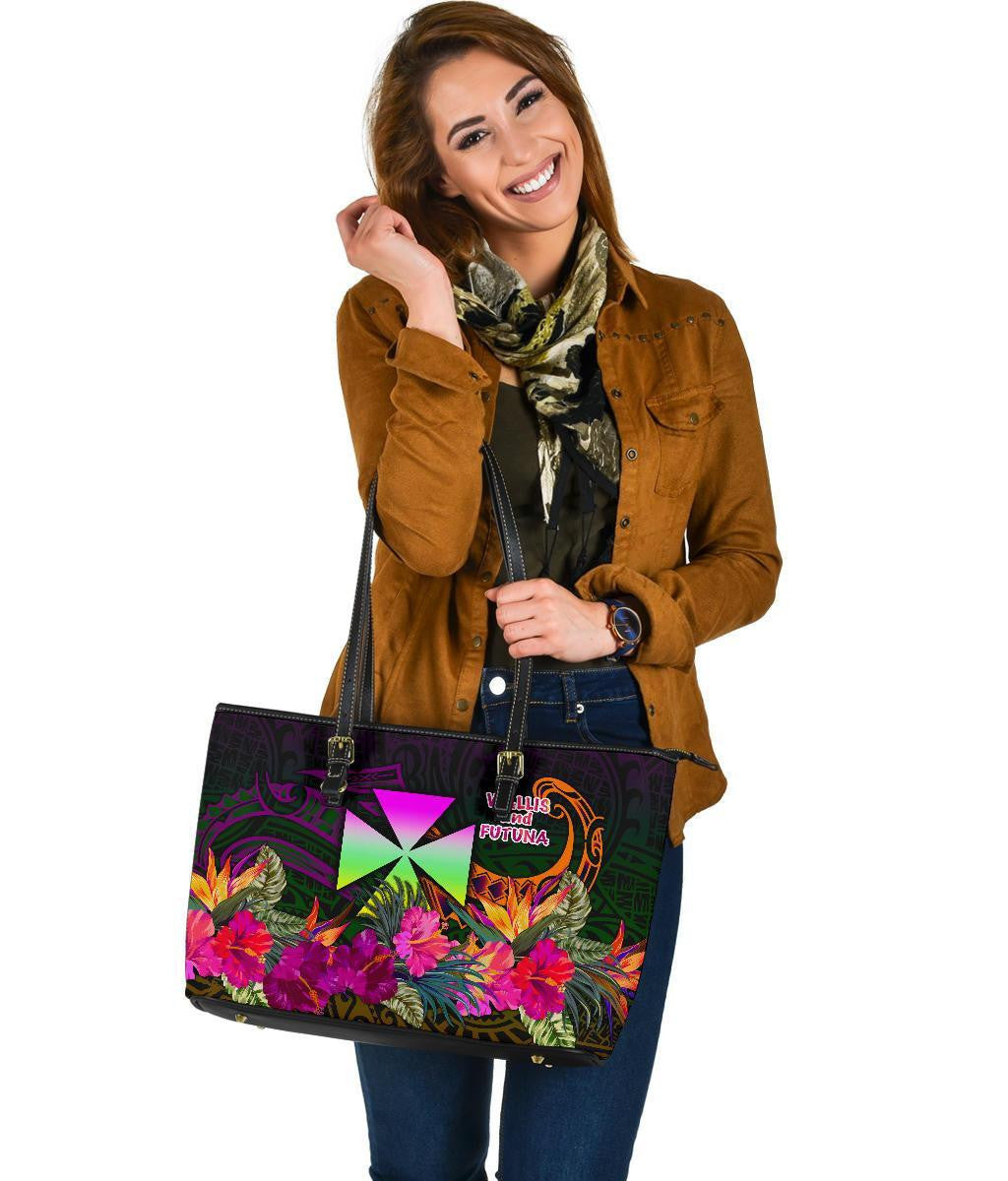 Wallis And Futuna Personalised Leather Tote Bag Summer Hibiscus
